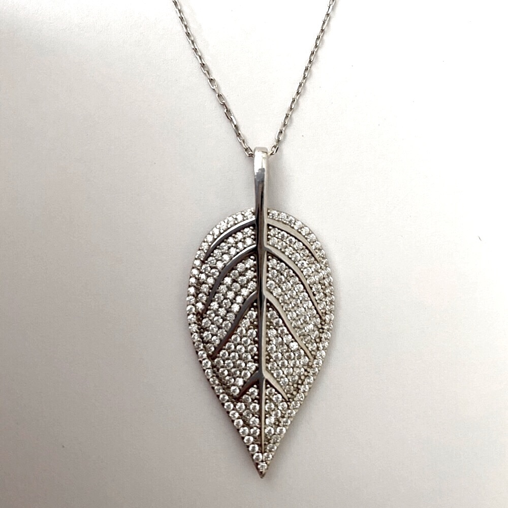 Leaf 925 silver necklace clear cubic zirconia cz stones size adjustable chain